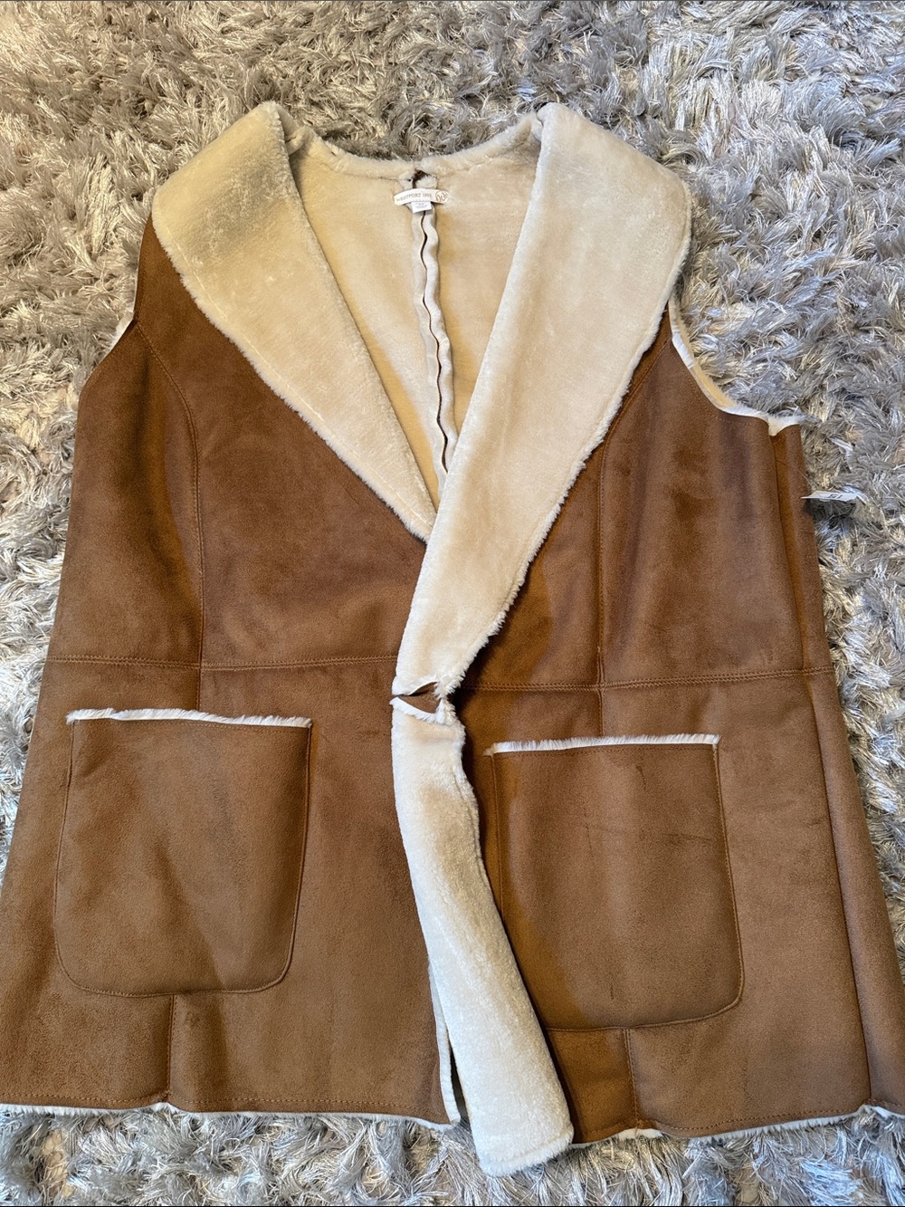 Westport Brown Faux-Suede Vest with Cream Faux-Shearling Trim